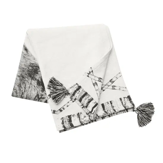 Bear in Forest Grayscale Printed 100% Cotton Throw Blanket w/ Tassels 50" x 60" {3}