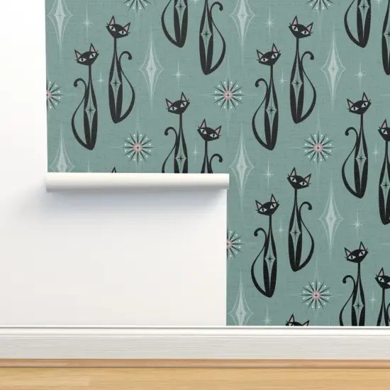 Pre-Pasted Wallpaper 2FT Wide Retro 1950S Cats Mid Century Modern Vintage Inspired Atomic Age Faux Textured Look Custom Pre-pasted Wallpaper by Spoonflower {2}