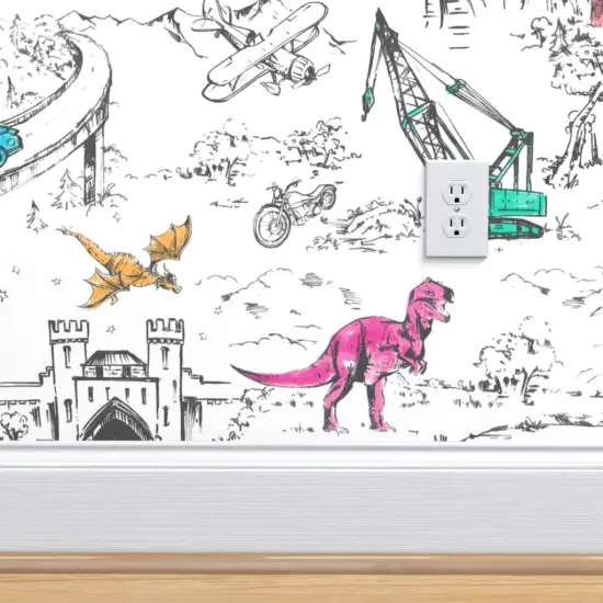 Pre-Pasted Wallpaper 2FT Wide Adventure Toile Pop Dinosaurs Cars Planes Bears Trains Space Fantasy Kids Custom Pre-pasted Wallpaper by Spoonflower {4}