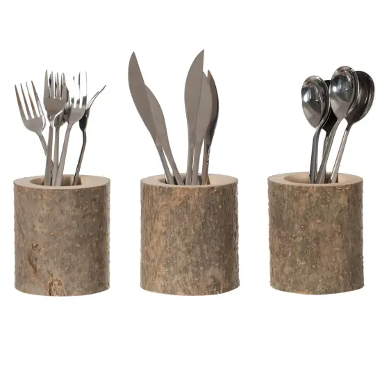 Set of 3 Rustic Wooden Round Handcrafted Holder Organizer for Flatware Utensil and Supplies {6}