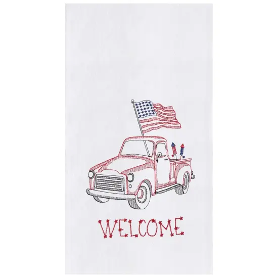 Patriotic 4th of July Red Truck Flour Sack Embroidered Kitchen Towel Dishtowel Decoration {1}