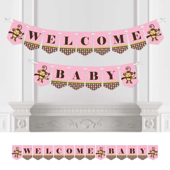 Big Dot of Happiness Pink Monkey Girl - Baby Shower Bunting Banner - Pink Party Decorations - Welcome Baby {1}