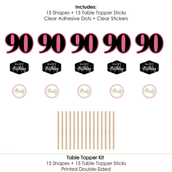 Big Dot of Happiness Chic 90th Birthday - Pink, Black and Gold - Birthday Party Centerpiece Sticks - Table Toppers - Set of 15 {7}