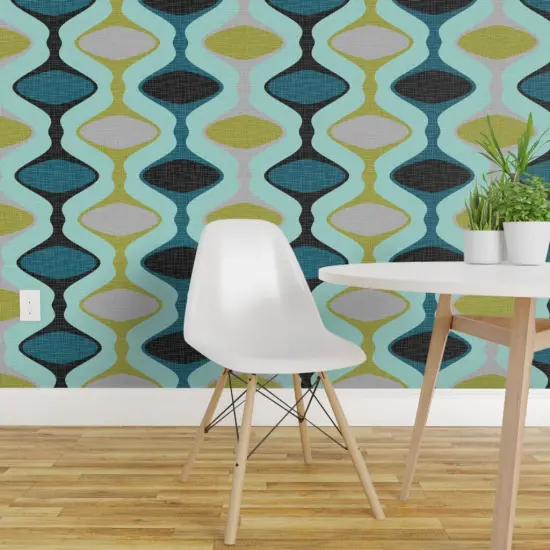 Pre-Pasted Wallpaper 2FT Wide Mid Century Ogee Modern Teal Blue Lime Gray Grey Black Olive Geometric Custom Pre-pasted Wallpaper by Spoonflower {1}