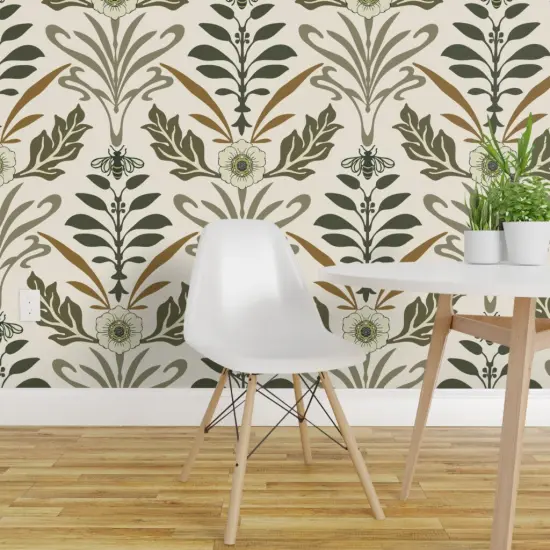 Pre-Pasted Wallpaper 2FT Wide Elegant Floral Vintage Inspired Neutral Nature Large Scale Art Nouveau Custom Pre-pasted Wallpaper by Spoonflower {1}