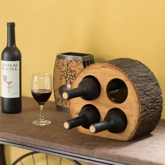 Round Wood Log Style with Bark 4 Bottle Countertop Wine Rack Holder {2}