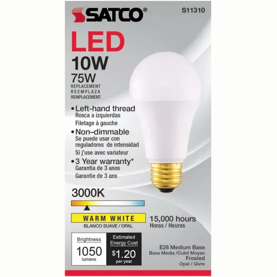 Satco 10w 120v A19 LED Frosted E26 Medium Base 1050 Lumens 3000k {4}