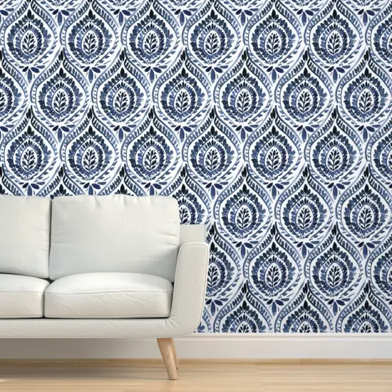 Peel & Stick Wallpaper 2FT Wide Bohemian Leaf Mandala Dark Indigo Blue Boho Botanical Leaves Custom Removable Wallpaper by Spoonflower {5}