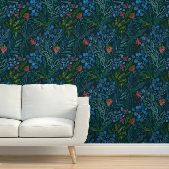 Peel & Stick Wallpaper 2FT Wide Dark Australian Floral Botanical Plants Leaves Flowers Eucalyptus Custom Removable Wallpaper by Spoonflower {5}