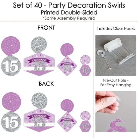 Big Dot of Happiness Quinceanera Purple - Sweet 15 - Birthday Party Hanging Decor - Party Decoration Swirls - Set of 40 {7}