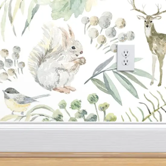 Pre-Pasted Wallpaper 2FT Wide Winter Woodland White Floral Elegant Deer Forest Rabbit Snow Custom Pre-pasted Wallpaper by Spoonflower {4}