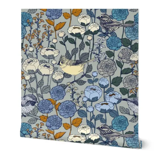 Peel & Stick Wallpaper 2FT Wide Winter Garden Birds Flowers Snow Day Floral Silver Landscape Botanical Blooms Wedding Custom Removable Wallpaper by Spoonflower {7}