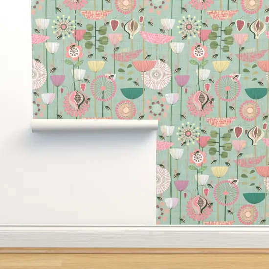 Peel & Stick Wallpaper 2FT Wide Bees Fly Pastel White Green Flowers Pink Large Atomic Style Mint Modern Custom Removable Wallpaper by Spoonflower {2}