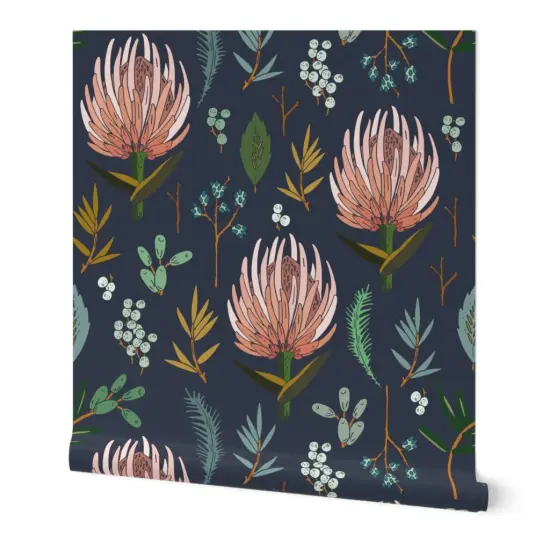 Peel & Stick Wallpaper 2FT Wide Natural Botanical Blush Pink Floral Study Dark Blue Flower Nature Leaf Custom Removable Wallpaper by Spoonflower {4}