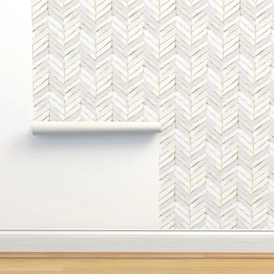 Peel & Stick Wallpaper 2FT Wide Chevron Painted White Gold Stripe Herringbone Mod Golden Print Look Custom Removable Wallpaper by Spoonflower {2}