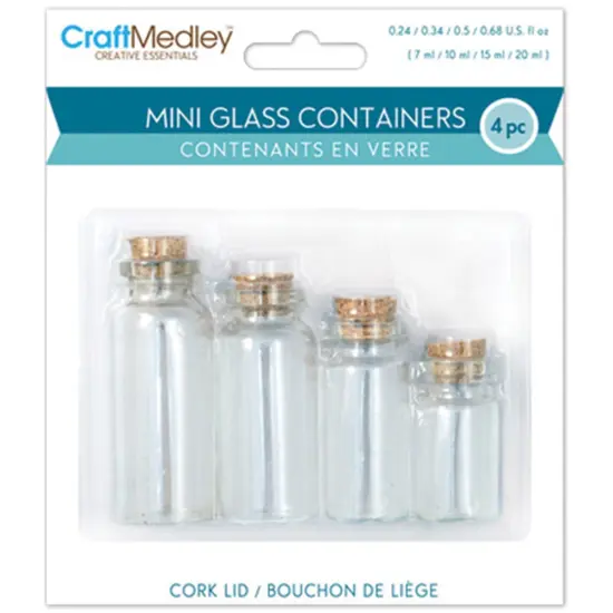Craft Medley Mini Glass Containers W/Cork Lids 4/Pkg-7ml, 10ml, 15ml & 20ml {1}
