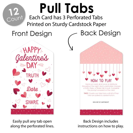 Big Dot of Happiness Happy Galentine's Day - Valentine's Day Party Game Pickle Cards - Truth, Dare, Share Pull Tabs - Set of 12 {4}