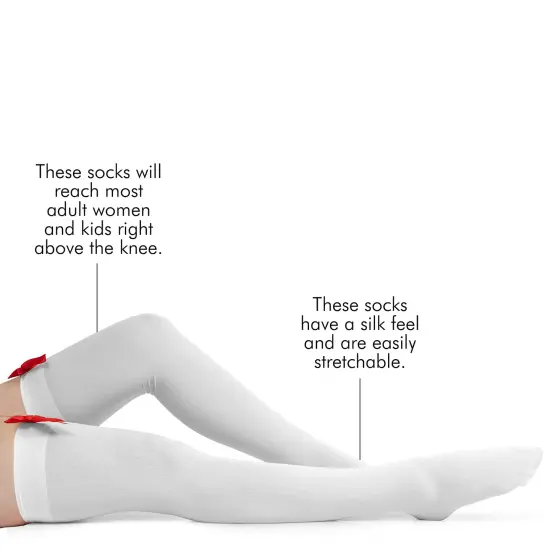 Bow Accent Thigh Highs - White Over the Knee High Stockings with Red Satin Ribbon Bow Accent for Women and Girls {5}