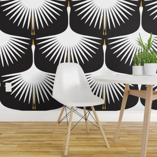 Peel & Stick Wallpaper 2FT Wide Art Deco Crane White Black Bird Geometric Feather Elegant Swan Custom Removable Wallpaper by Spoonflower {1}
