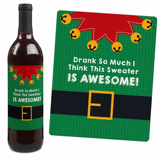 Big Dot of Happiness Ugly Sweater - Holiday and Christmas Wine Bottle Label Stickers - Set of 4 {5}