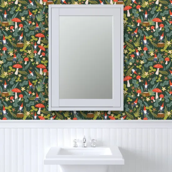Pre-Pasted Wallpaper 2FT Wide Woodland, Gnomes, Large, Red, Mushroom, Garden, Summer, Floral, Mushrooms Custom Pre-pasted Wallpaper by Spoonflower {6}
