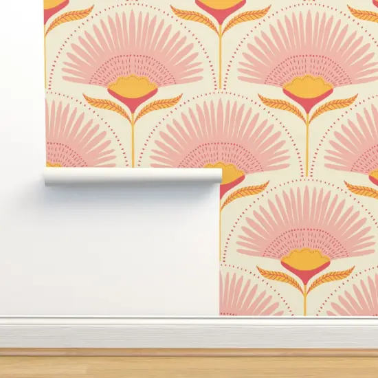 Pre-Pasted Wallpaper 2FT Wide Jumbo Palms Art Deco Palm Mid Century Blush Pink Mustard Beige Geometric Scallops Scales Large Scale Custom Pre-pasted Wallpaper by Spoonflower {2}