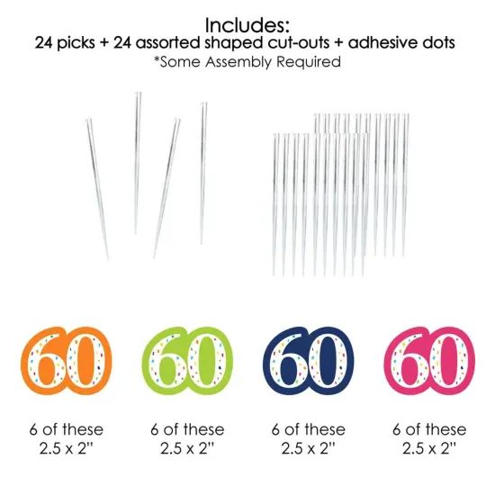 Big Dot of Happiness 60th Birthday - Cheerful Happy Birthday - Dessert Cupcake Toppers - Sixtieth Birthday Party Clear Treat Picks - Set of 24 {7}