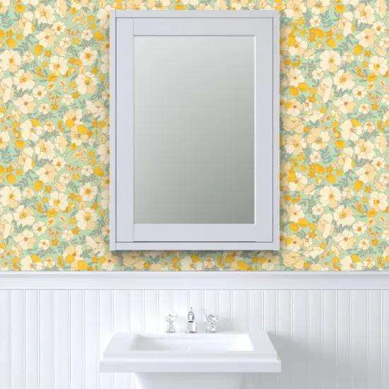 Peel & Stick Wallpaper 2FT Wide Vintage Style Floral Butter Yellow Flower Retro 1970S Custom Removable Wallpaper by Spoonflower {6}