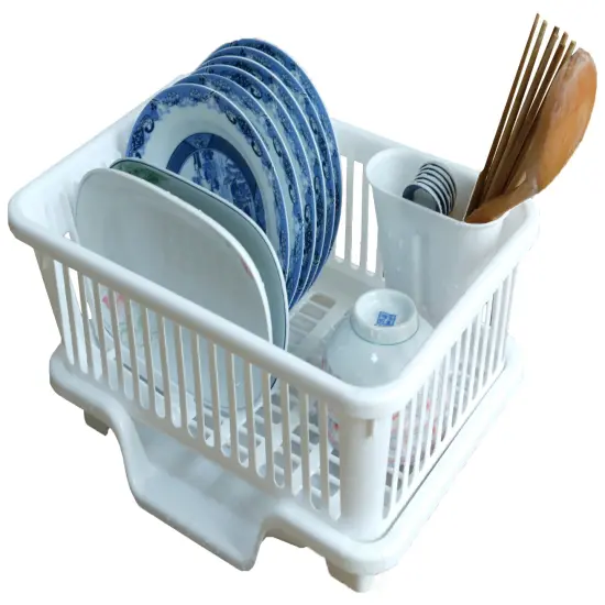 Heavy Duty 2-Piece Plastic Dish Drying Rack Set in White - Includes Large Dish Drainer, Attached Drainboard, and Utensil Cup Holders for Home Kitchen Countertop Organization {1}