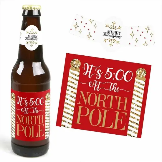 Big Dot of Happiness Red and Gold Friendsmas - Friends Christmas Party Decorations for Women and Men - 6 Beer Bottle Label Stickers and 1 Carrier {4}