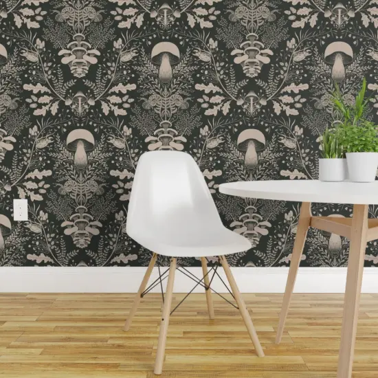 Peel & Stick Wallpaper 2FT Wide Neutral Woodland Dark Green Cream Beige Forest Damask Mushroom Gray Custom Removable Wallpaper by Spoonflower {1}