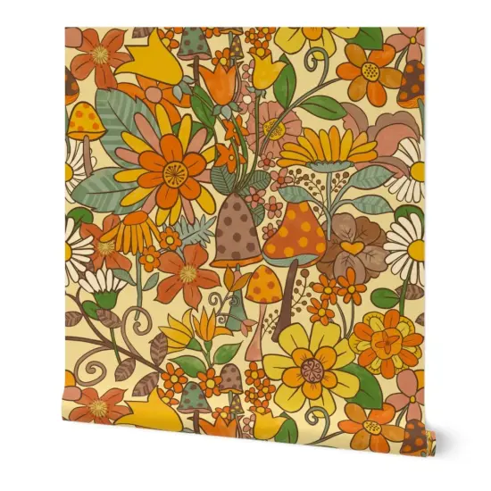 Peel & Stick Wallpaper 2FT Wide Vintage Hippy Floral Earth Tones mushrooms s Retro 70S 60S Toadstools Vintage Nostalgic Flower Power Custom Removable Wallpaper by Spoonflower {7}