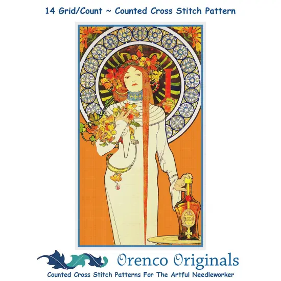 Art Nouveau Alphonse Mucha's La Trappistine Poster Counted Cross Stitch Pattern {1}