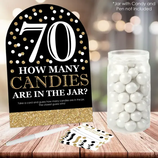 Big Dot of Happiness Adult 70th Birthday - Gold - How Many Candies Birthday Party Game - 1 Stand and 40 Cards - Candy Guessing Game {3}