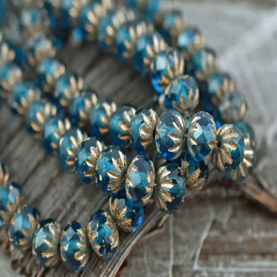 *25* 6x9mm Etched Gold Washed Pacific Blue Cruller Rondelle Beads {3}