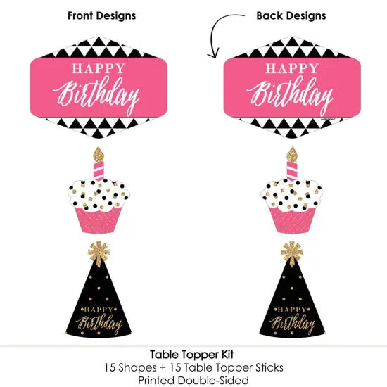 Big Dot of Happiness Chic Happy Birthday - Pink, Black and Gold - Birthday Party Centerpiece Sticks - Table Toppers - Set of 15 {6}