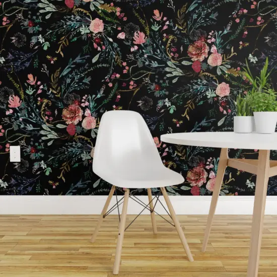 Peel & Stick Wallpaper 2FT Wide Botanical Faux Woven Texture Boho Floral Black And Pink Wild Flowers Bohemian Dark Custom Removable Wallpaper by Spoonflower {1}