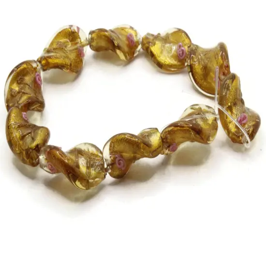 10 20mm Golden Yellow with Pink and Green Flower Lampwork Glass Flat Oval Twist Beads {2}