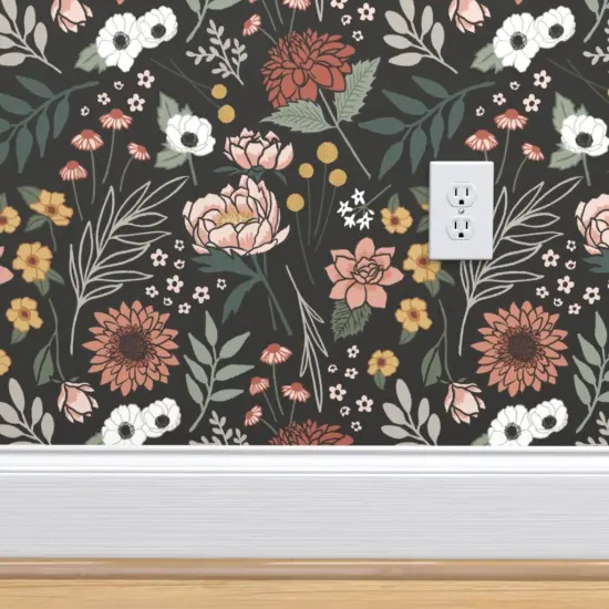 Peel & Stick Wallpaper 2FT Wide Dark Boho Floral Mustard Bohemian Sage Green Botanical Dusty Rose Earthtone Earthy Colors Autumn Floral Boho On Black Custom Removable Wallpaper by Spoonflower {4}