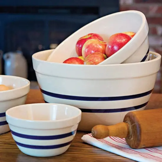 Ohio Stoneware Shoulder Bowls USA Made Tan with Blue Stripe Set of 3 Sizes {6}