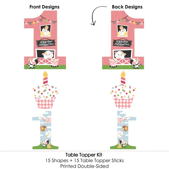 Big Dot of Happiness 1st Birthday Girl Farm Animals - Pink Barnyard First Birthday Party Centerpiece Sticks - Table Toppers - Set of 15 {6}
