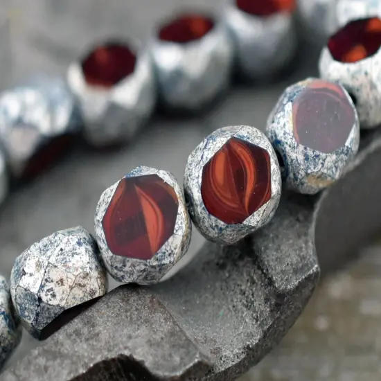 *15* 8mm Antique Silver Washed Lady Bug Red 2 Cut Fire Polished Faceted Round Beads {3}