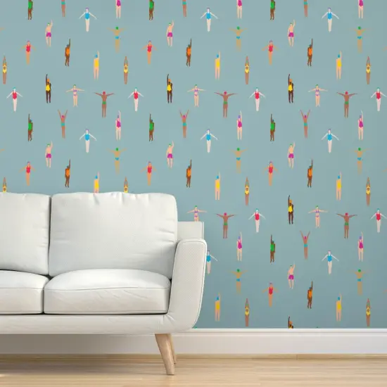 Peel & Stick Wallpaper 2FT Wide Swimmers Blue Vintage Water Holiday Summer Ocean Custom Removable Wallpaper by Spoonflower {5}