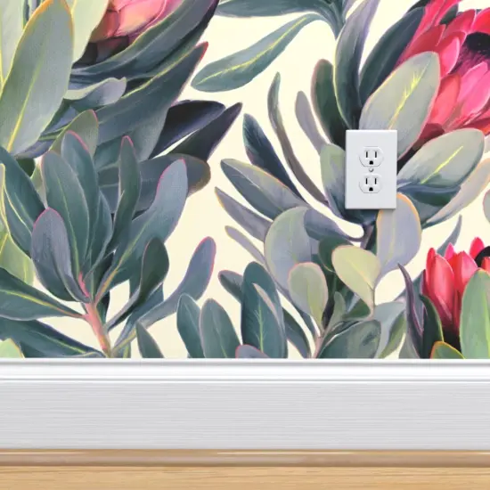 Peel & Stick Wallpaper 2FT Wide Painted Protea Floral Extra Large Tropical Vintage Olive Green Garden Inspired Botanical Leaves Home Decor Kitchen Custom Removable Wallpaper by Spoonflower {4}