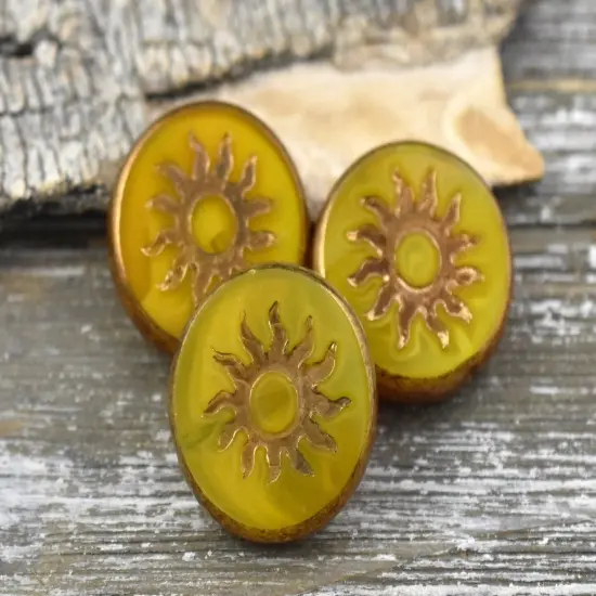 21mm Gold Washed Sunflower Yellow Opal Table Cut Sun Design Coin Beads - 2 Beads {1}