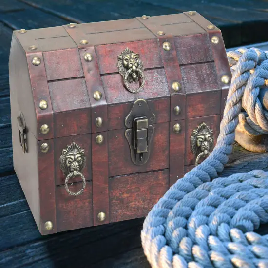 Antique Wooden Pirate Treasure Chest with Lion Rings and Lockable Latch {3}