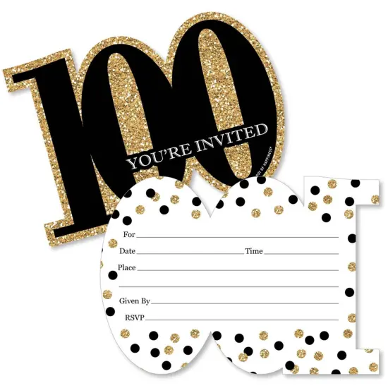 Big Dot of Happiness Adult 100th Birthday - Gold - Shaped Fill-In Invitations - Birthday Party Invitation Cards with Envelopes - Set of 12 {1}