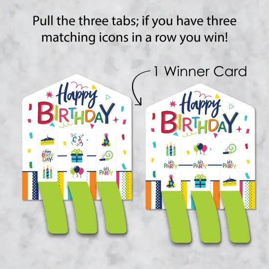 Big Dot of Happiness Cheerful Happy Birthday - Colorful Birthday Party Game Pickle Cards - Pull Tabs 3-in-a-Row - Set of 12 {4}
