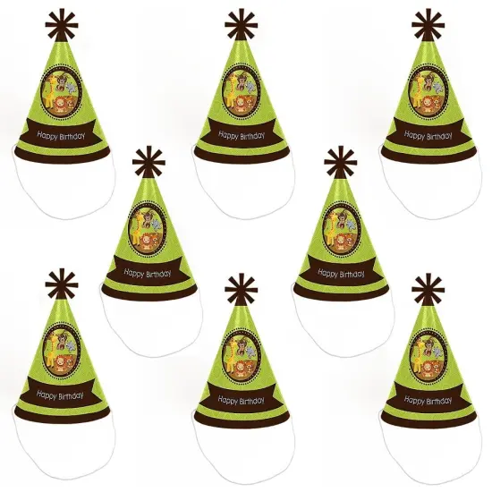 Big Dot of Happiness Funfari - Fun Safari Jungle - Cone Happy Birthday Party Hats for Kids and Adults - Set of 8 (Standard Size) {7}