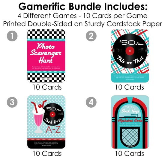 Big Dot of Happiness 50&rsquo;s Sock Hop - 4 1950s Rock N Roll Party Games - 10 Cards Each - Gamerific Bundle {4}